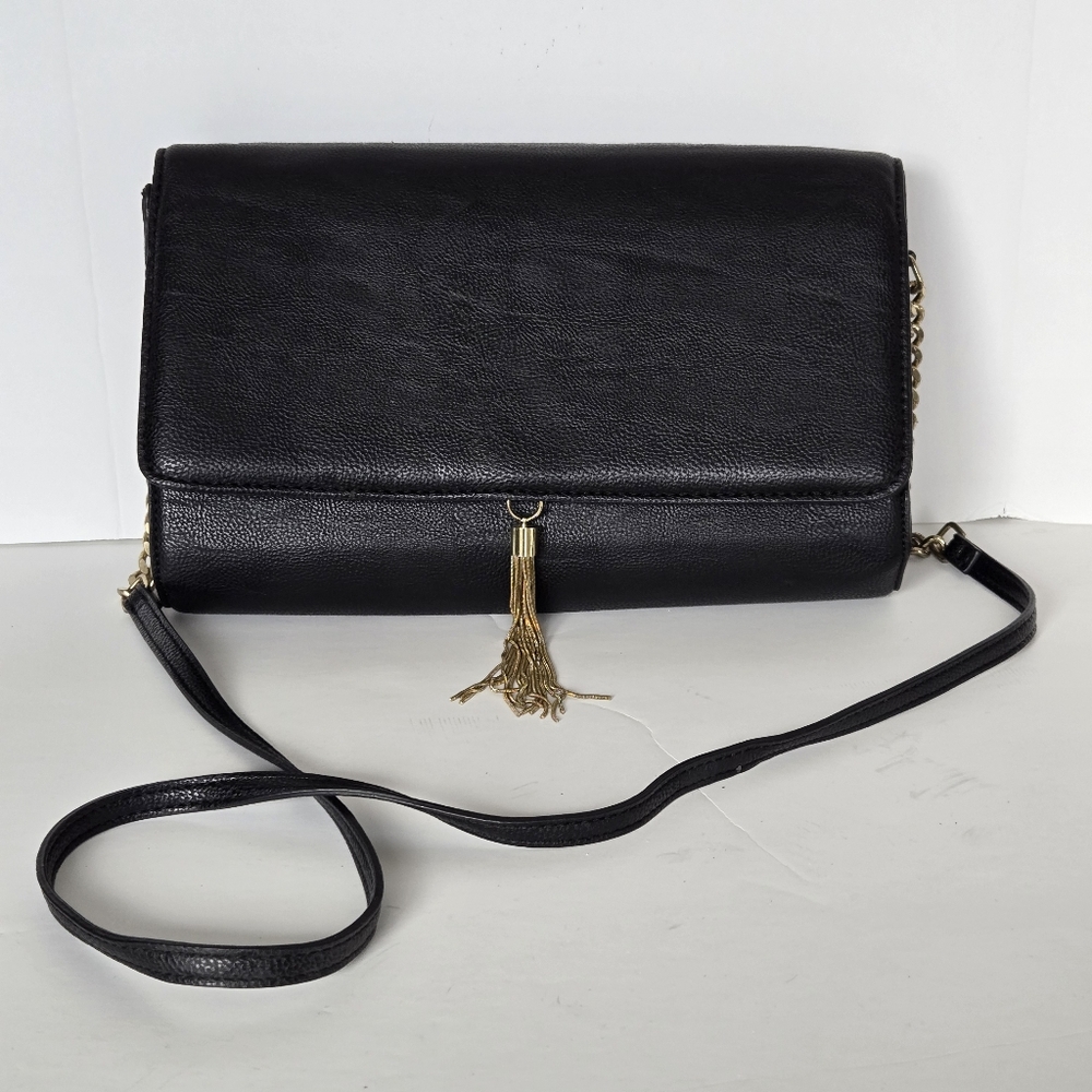 H&M Small Black Handbag with Gold Tassel Accent Shoulder Bag Purse